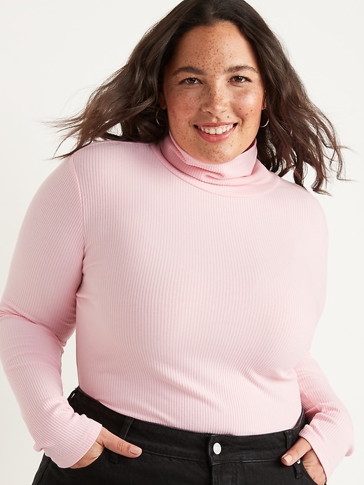 Plus Size Solid Rib Knit Turtleneck Top - Pink