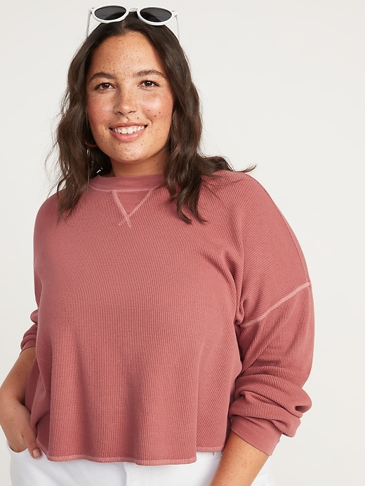 Image number 6 showing, Long-Sleeve Loose Cropped Waffle-Knit Easy T-Shirt