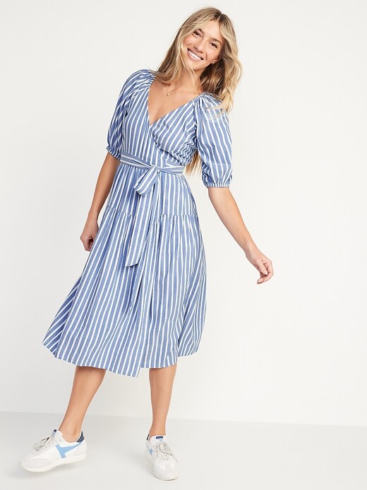 Waist Defined Striped Tie Belt Midi Wrap Dress For Women Old Navy