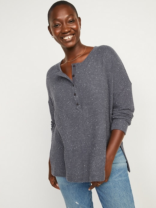 Old Navy Long-Sleeve Waffle-Knit Henley Tunic T-Shirt for Women. 1