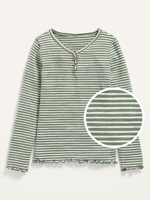 Cozy Striped Slub-Knit Lettuce-Edge Henley T-Shirt for Girls