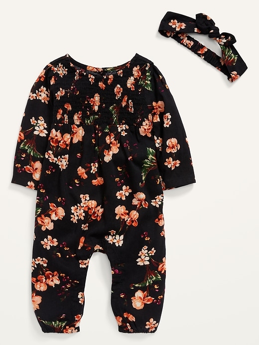 View large product image 1 of 1. Smocked Floral-Print One-Piece & Headband Set for Baby