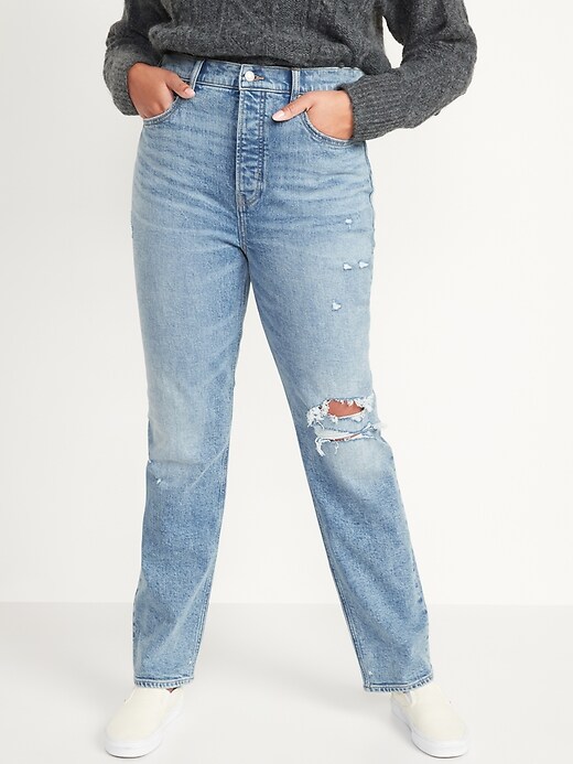 Image number 1 showing, Extra High-Waisted Button-Fly Sky Hi Straight Light-Wash Ripped Jeans for Women
