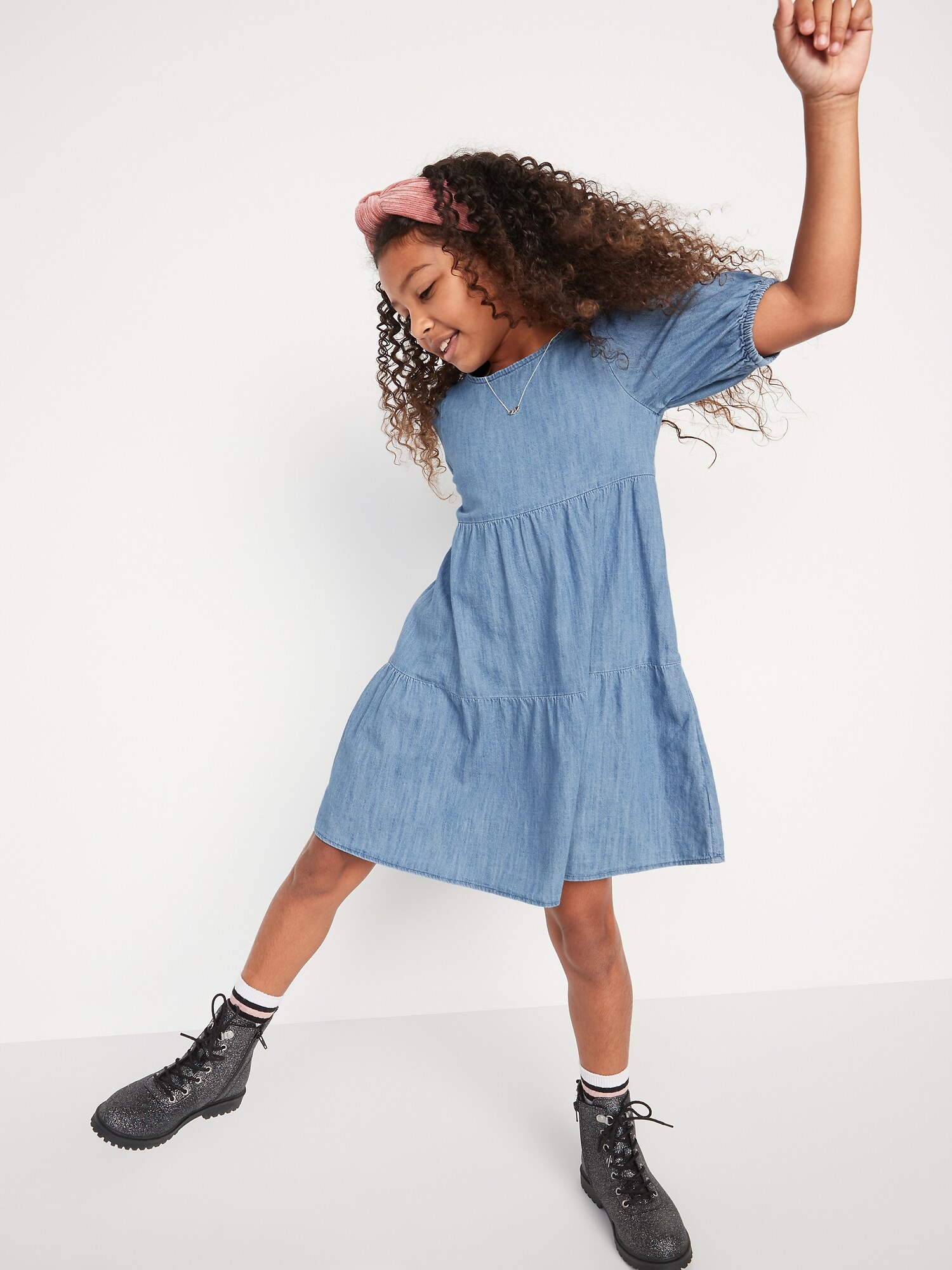 Tiered Puff-Sleeve Jean Dress for Girls | Old Navy