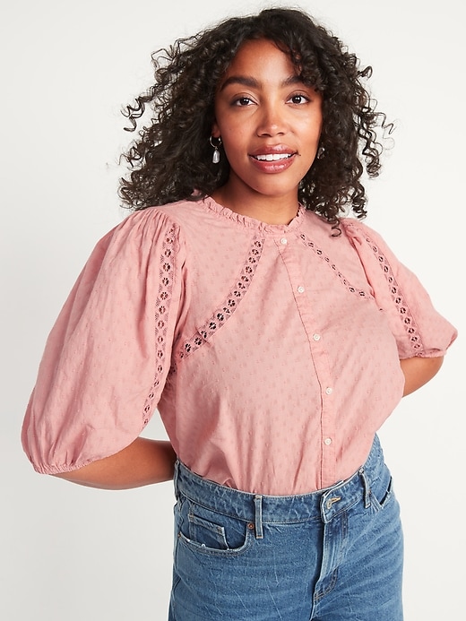 Image number 1 showing, Puff-Sleeve Lace-Trim Clip-Dot Blouse