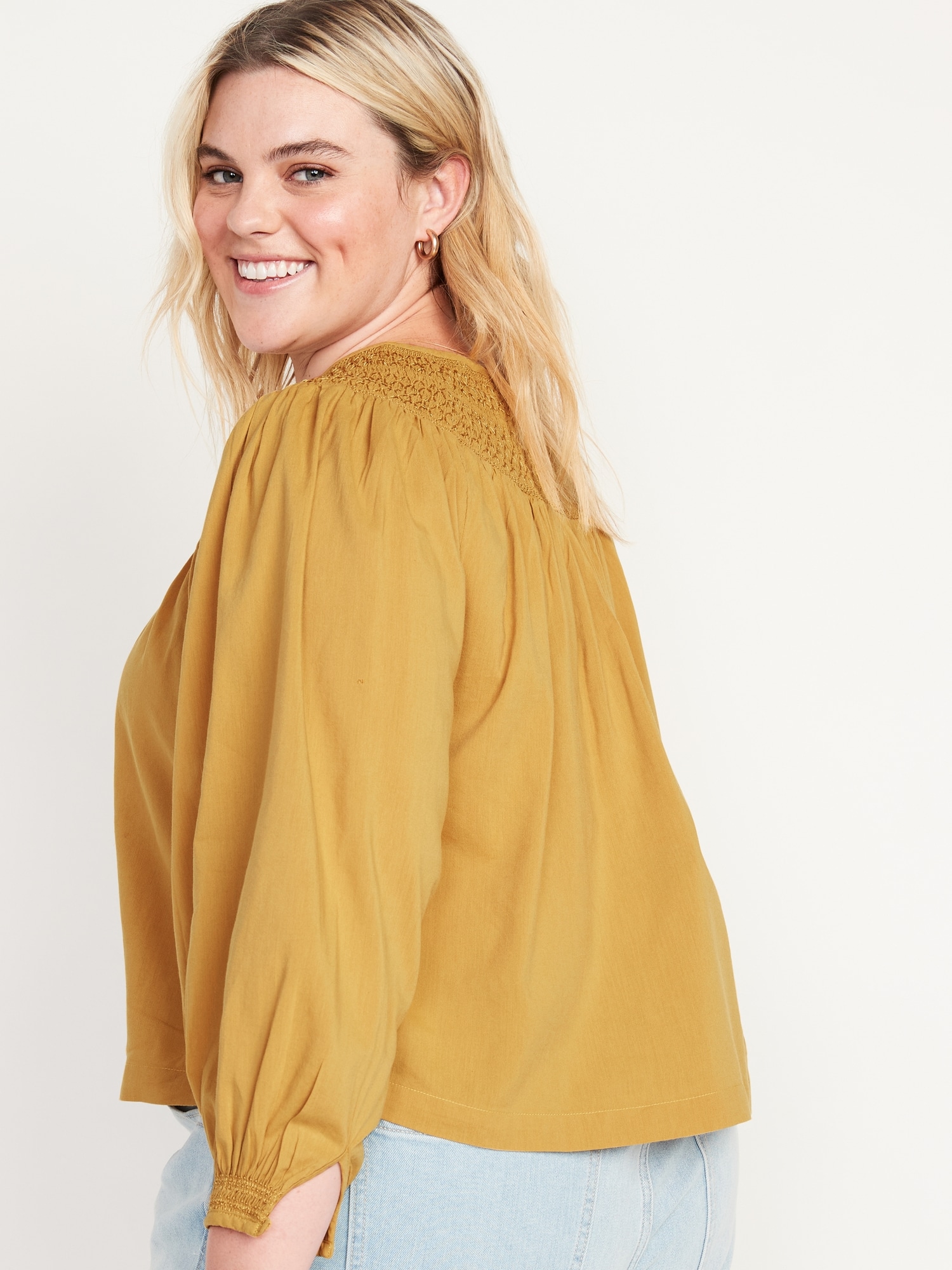 Long-Sleeve Smocked Embroidered Poet Blouse | Old Navy