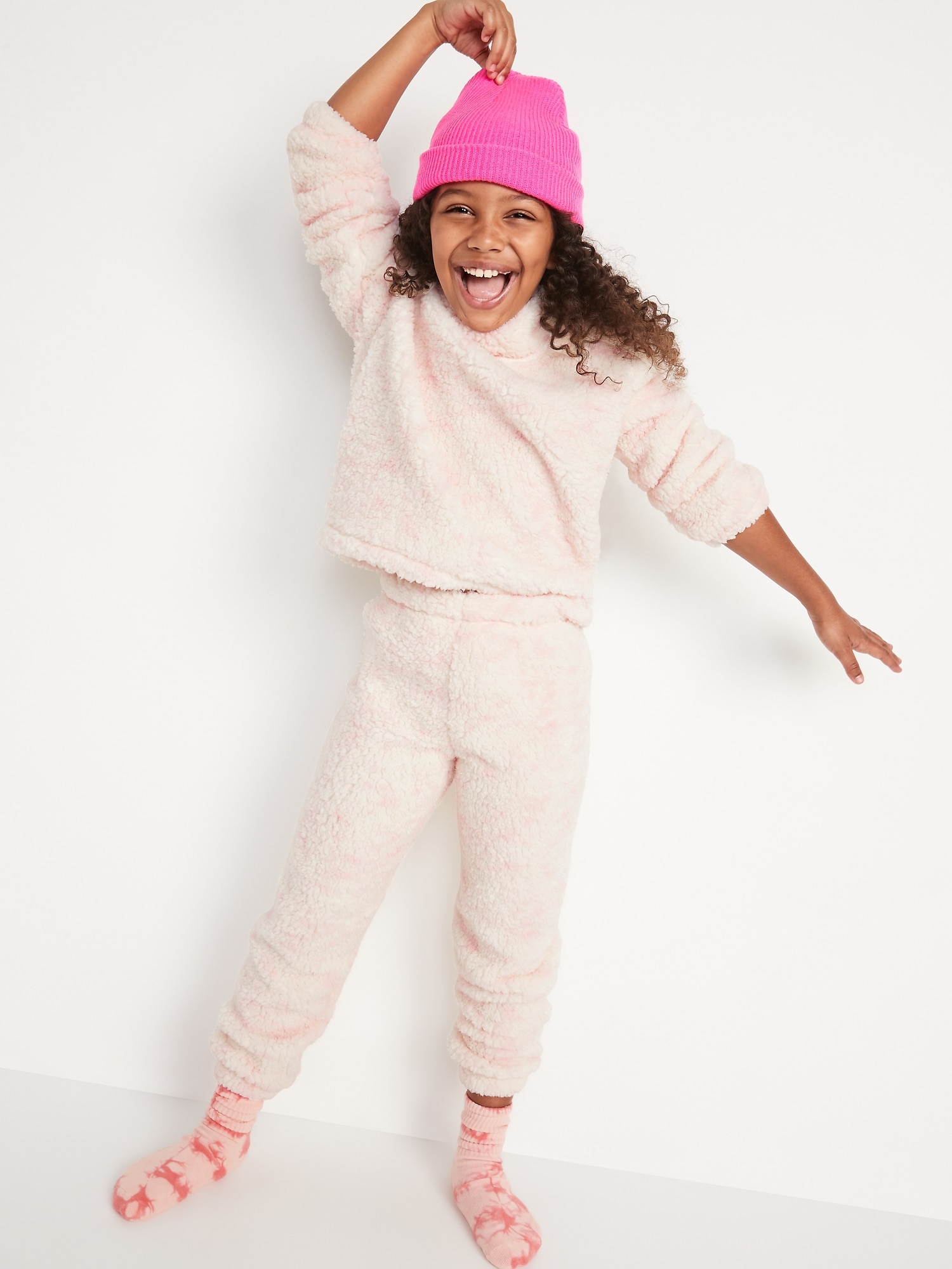 Cozy Sherpa Cowl-Neck Pajama Top & Joggers Set for Girls