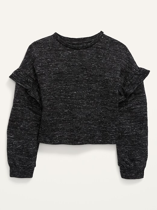 View large product image 1 of 1. Long-Sleeve Ruffle-Trimmed Mélange Cropped Sweater for Girls