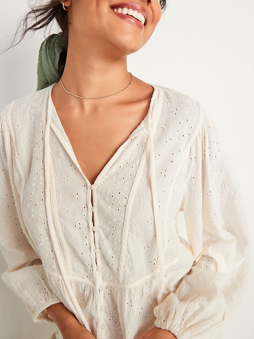 Image number 3 showing, Oversized Embroidered Cutwork Tie-Neck Blouse for Women