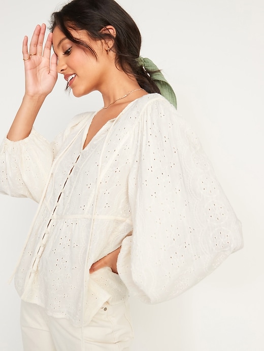 Image number 5 showing, Oversized Embroidered Cutwork Tie-Neck Blouse for Women