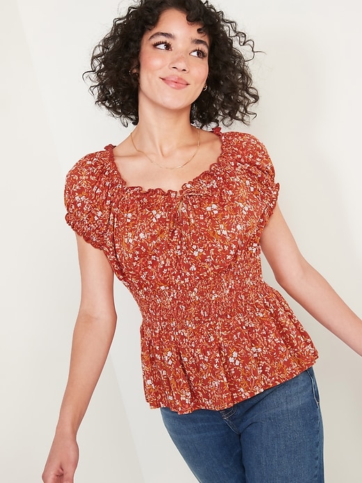 Image number 5 showing, Puff-Sleeve  Floral-Print Smocked Peplum Blouse for Women