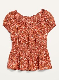 Puff-Sleeve  Floral-Print Smocked Peplum Blouse for Women