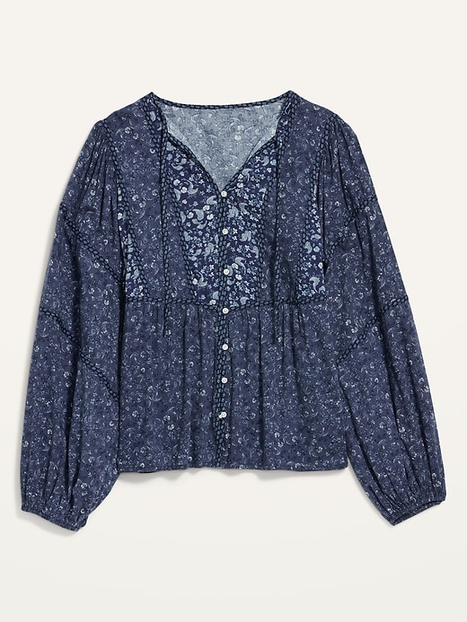 Image number 1 showing, Oversized Button-Front Mixed-Print Poet Blouse for Women