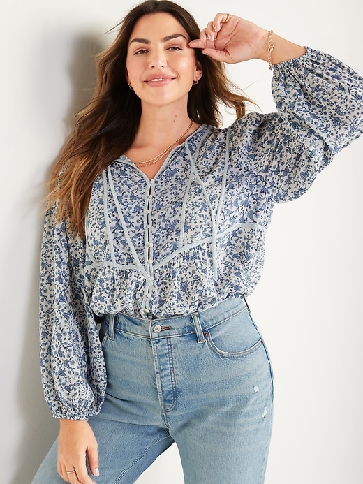 Image number 1 showing, Oversized Button-Front Mixed-Print Poet Blouse