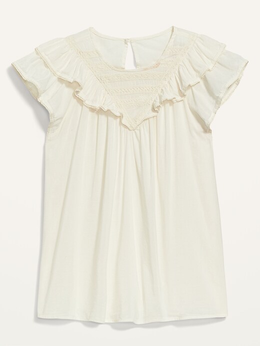 View large product image 2 of 3. Ruffled Lace-Trim Short-Sleeve Blouse