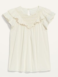 View large product image 3 of 3. Ruffled Lace-Trim Short-Sleeve Blouse