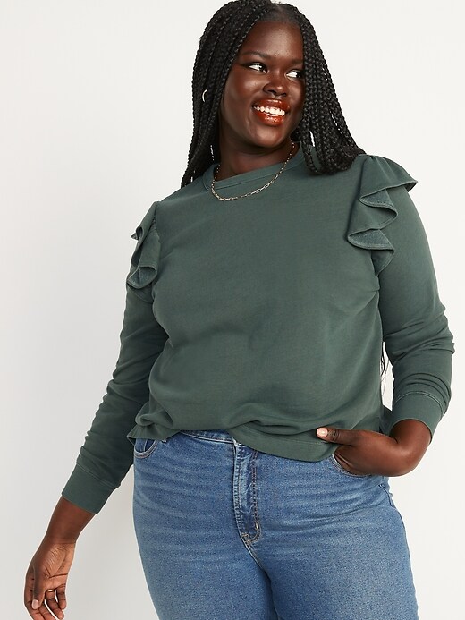 Image number 7 showing, Ruffle-Trim French-Terry Cropped Sweatshirt