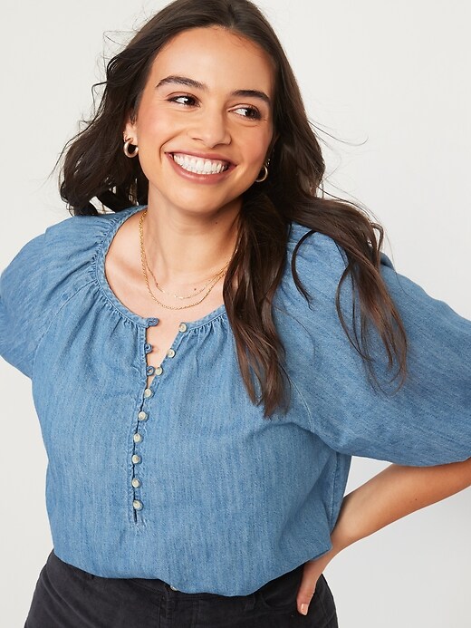 Image number 1 showing, Chambray Button-Front Swing Top for Women