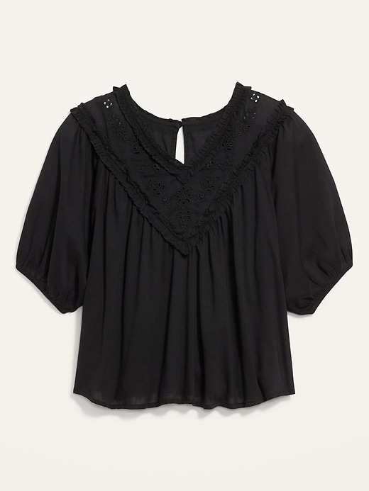 Image number 1 showing, Oversized Ruffled Cutwork Short-Sleeve Blouse for Women