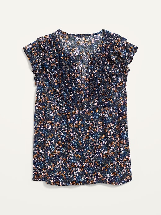 View large product image 1 of 2. Ruffled Floral-Print Short-Sleeve Blouse