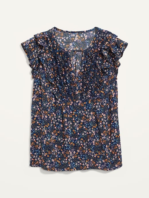 View large product image 2 of 2. Ruffled Floral-Print Short-Sleeve Blouse
