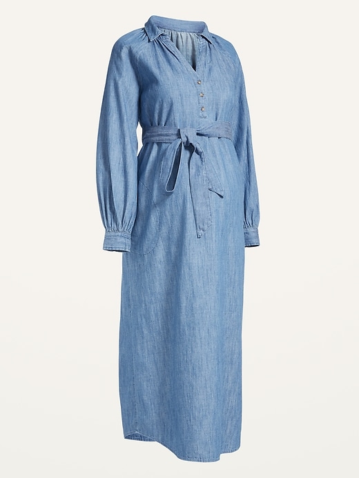 Image number 4 showing, Maternity Chambray Tie-Belt Shirt Dress