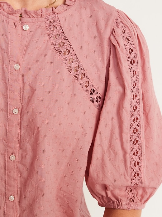 Image number 3 showing, Puff-Sleeve Lace-Trim Clip-Dot Blouse