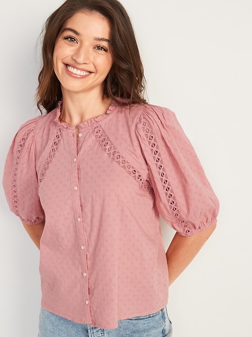 Image number 5 showing, Puff-Sleeve Lace-Trim Clip-Dot Blouse
