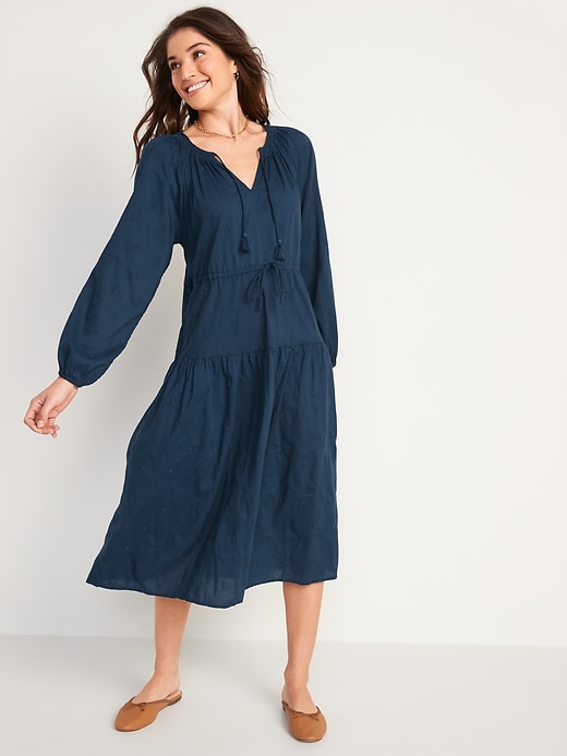 Waist-Defined Embroidered Long-Sleeve Midi Dress for Women | Old Navy