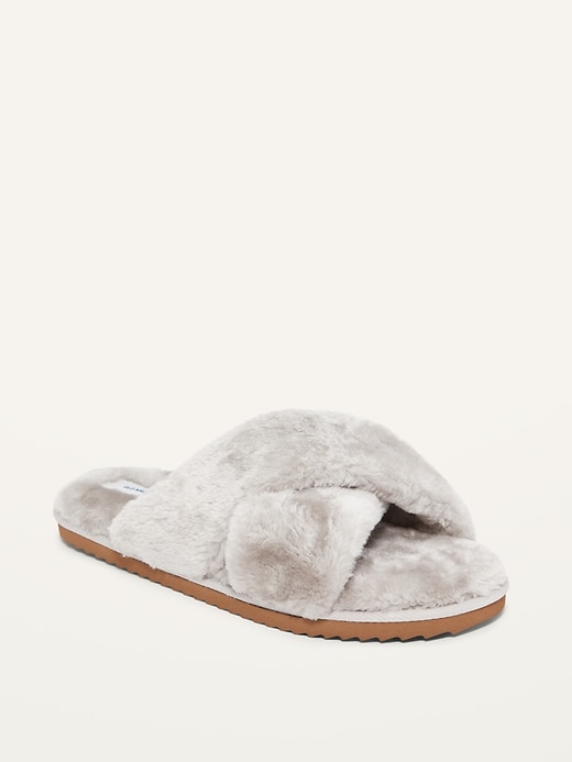 Image number 1 showing, Cozy Faux-Fur Cross-Strap Slippers