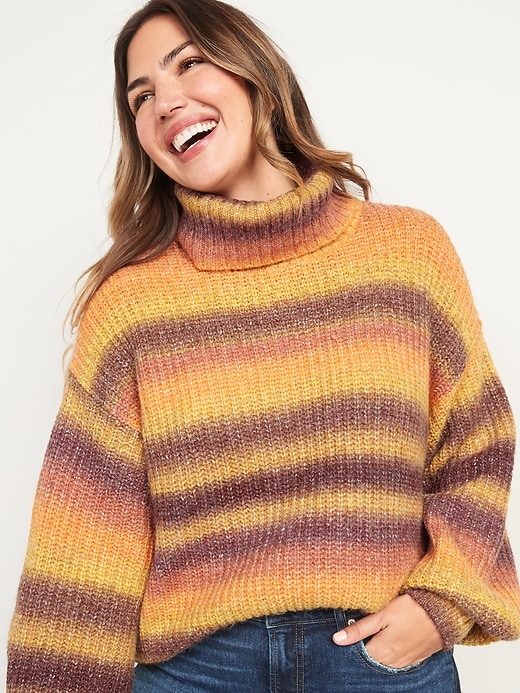 Image number 1 showing, Striped Shaker-Stitch Turtleneck Sweater for Women