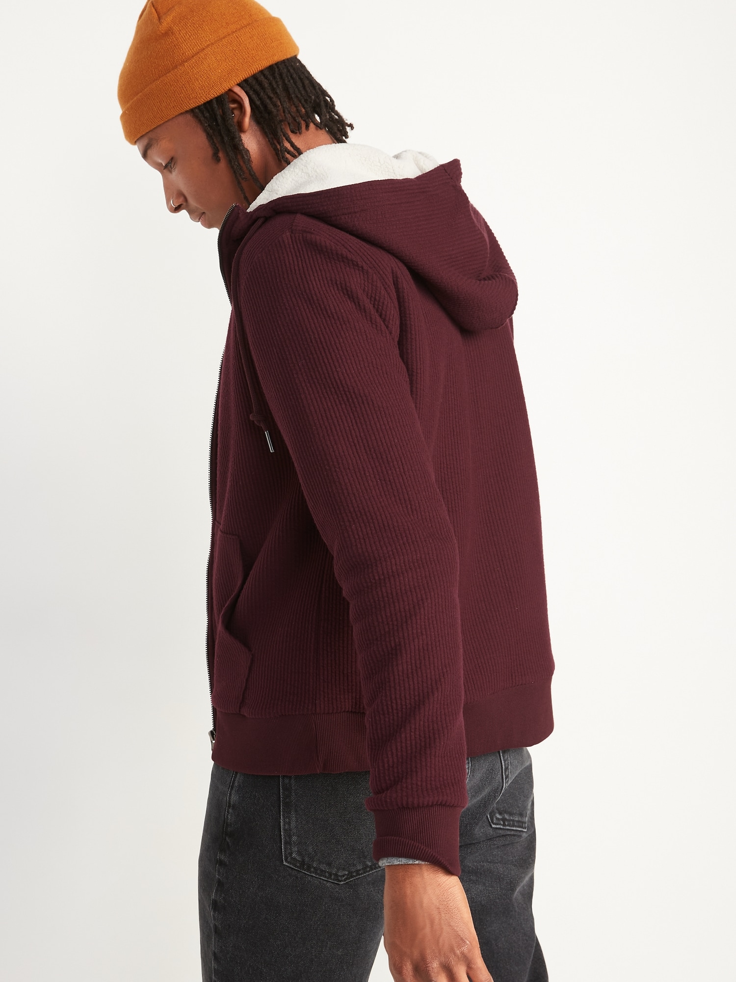 Cozy Sherpa-lined Rib-knit Zip Hoodie For Men 