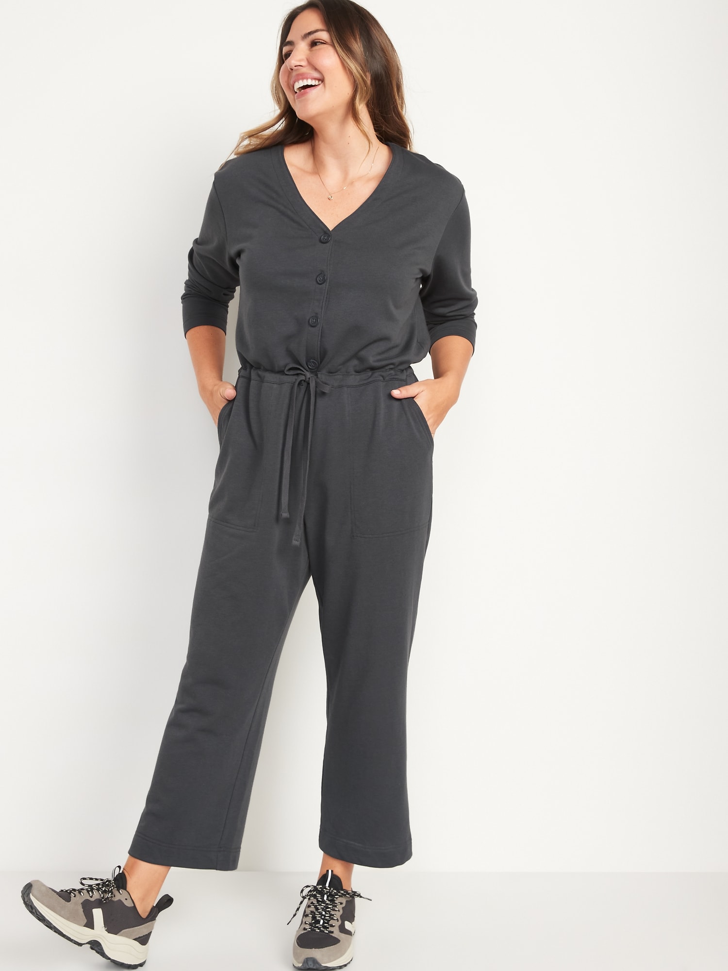 LongSleeve Cropped FrenchTerry Utility Jumpsuit for Women Old Navy