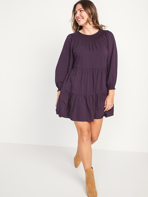 Old Navy - Long-Sleeve Tiered Smocked Embroidered Mini Swing Dress for