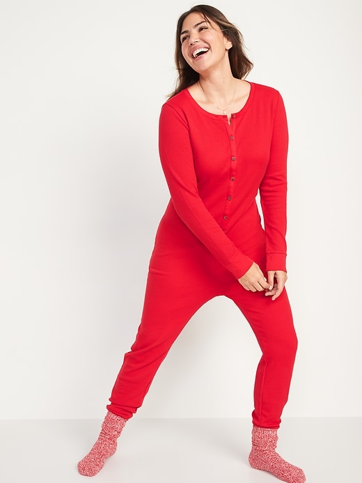 Image number 1 showing, Matching Printed Thermal-Knit One-Piece Pajamas for Women