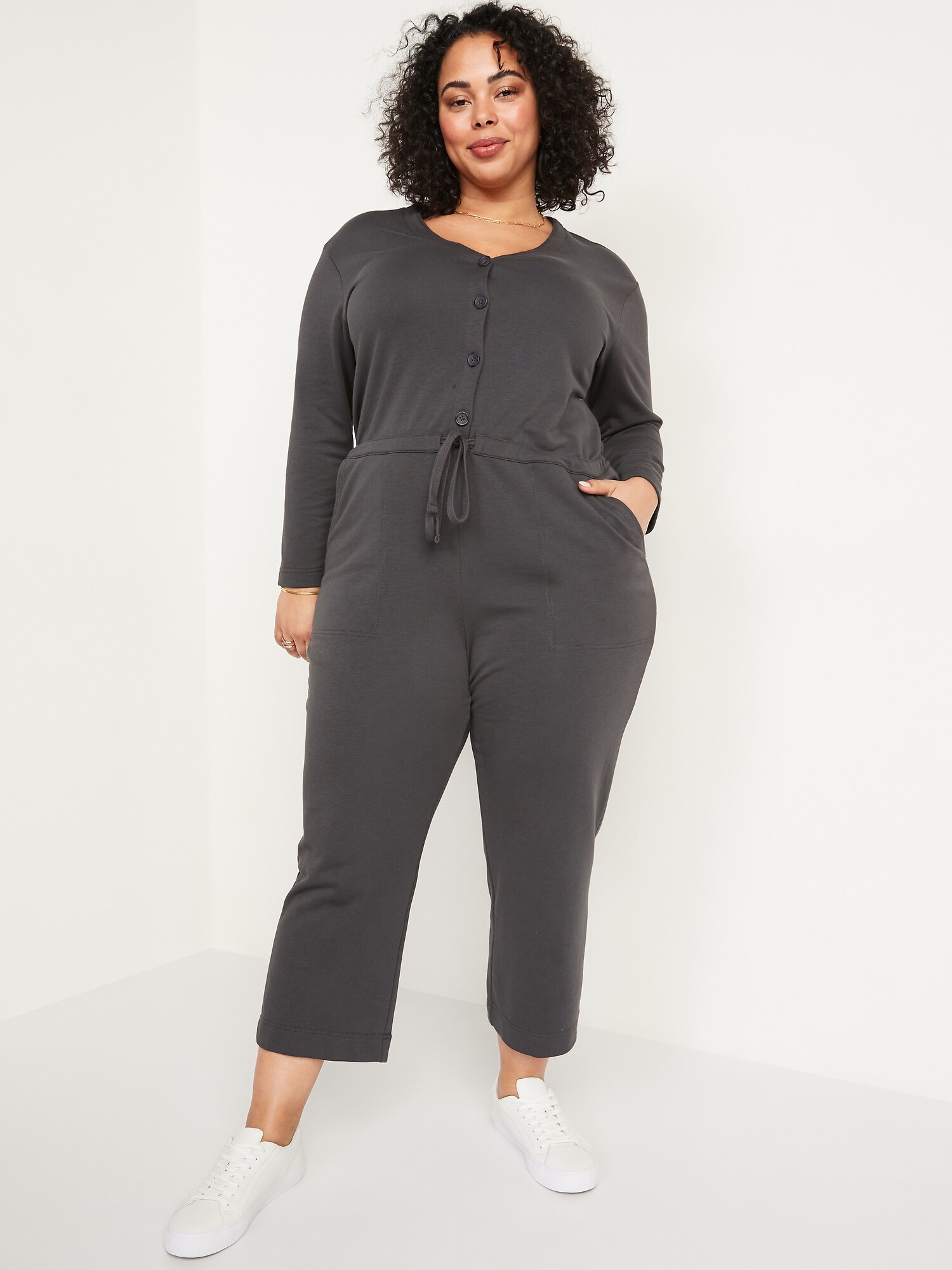 Long-Sleeve Cropped French-Terry Utility Jumpsuit for Women | Old Navy