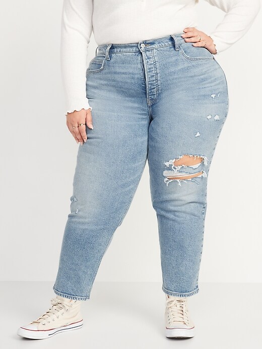 Curvy Extra High-Waisted Button-Fly Sky-Hi Straight Ripped Jeans for ...