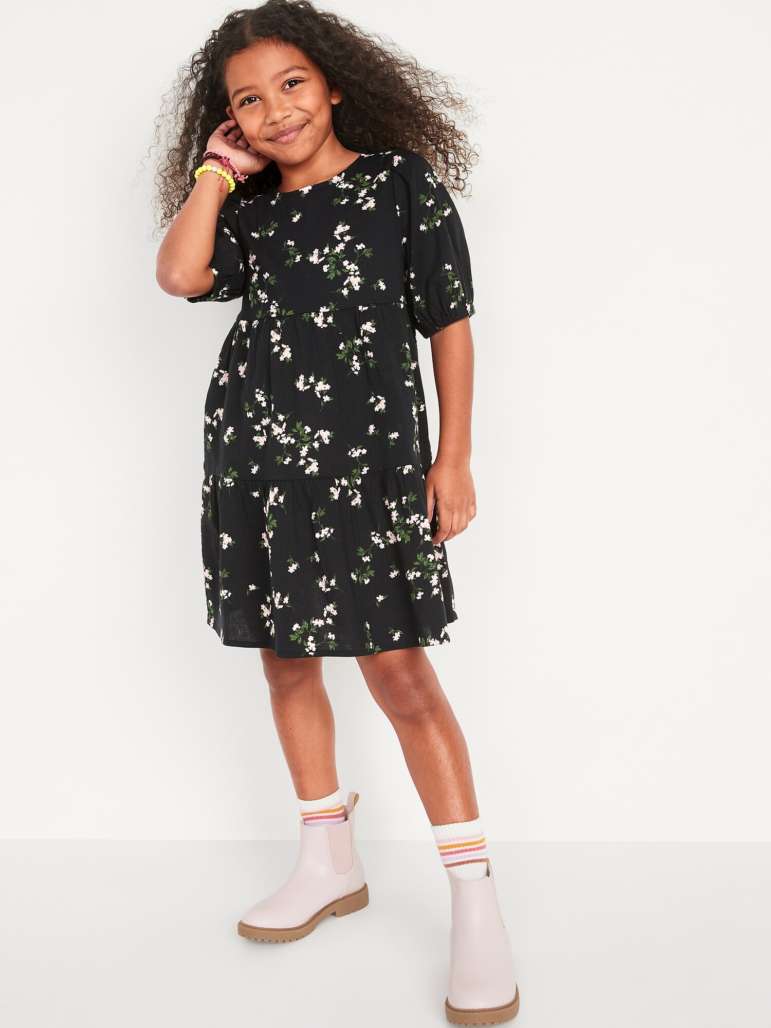 Puff-Sleeve Tiered Floral-Print Dress for Girls | Old Navy