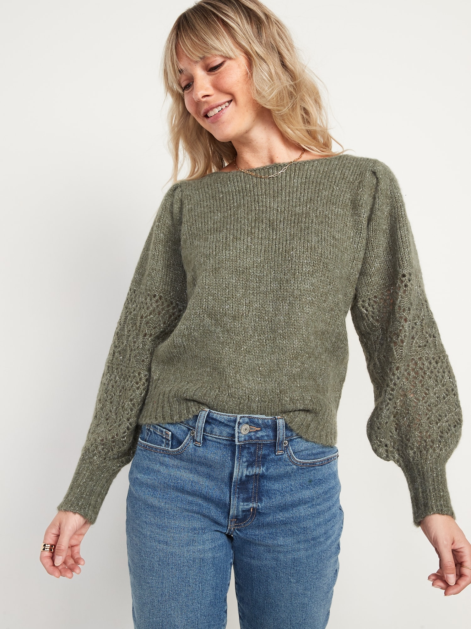 Boat-Neck Heathered Pointelle-Knit Sweater for Women | Old Navy