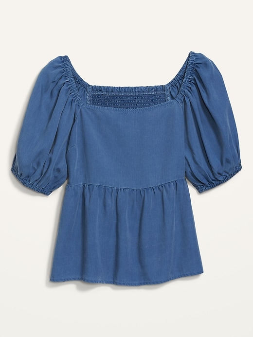 Image number 4 showing, Puff-Sleeve Smocked Jean Babydoll Blouse for Women