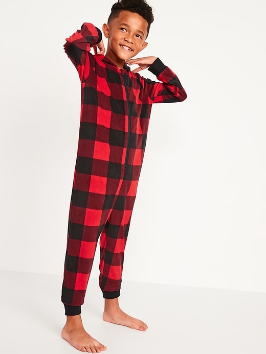 View large product image 1 of 2. Gender-Neutral Matching Microfleece Hooded One-Piece Pajamas For Kids
