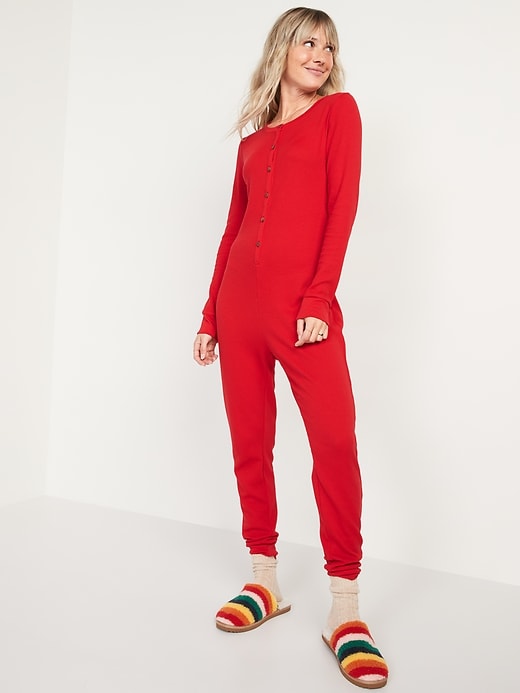 Image number 5 showing, Matching Printed Thermal-Knit One-Piece Pajamas for Women