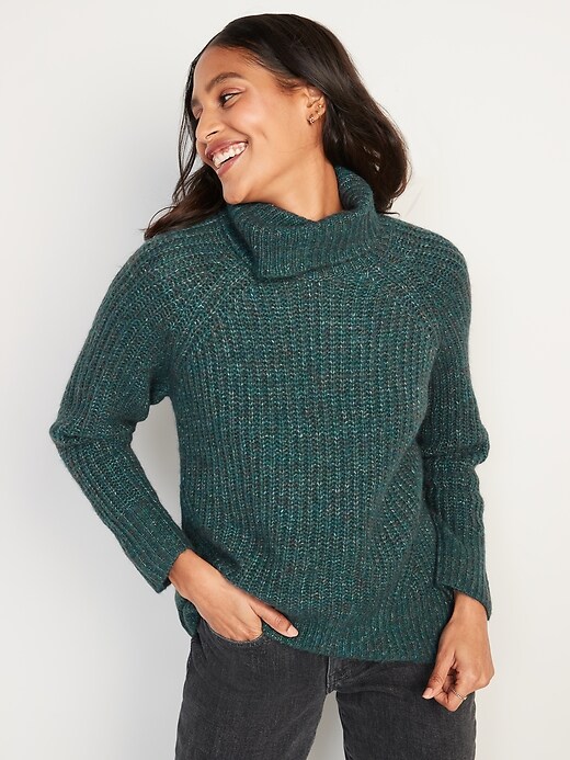Image number 1 showing, Mélange Shaker-Stitch Turtleneck Tunic Sweater for Women