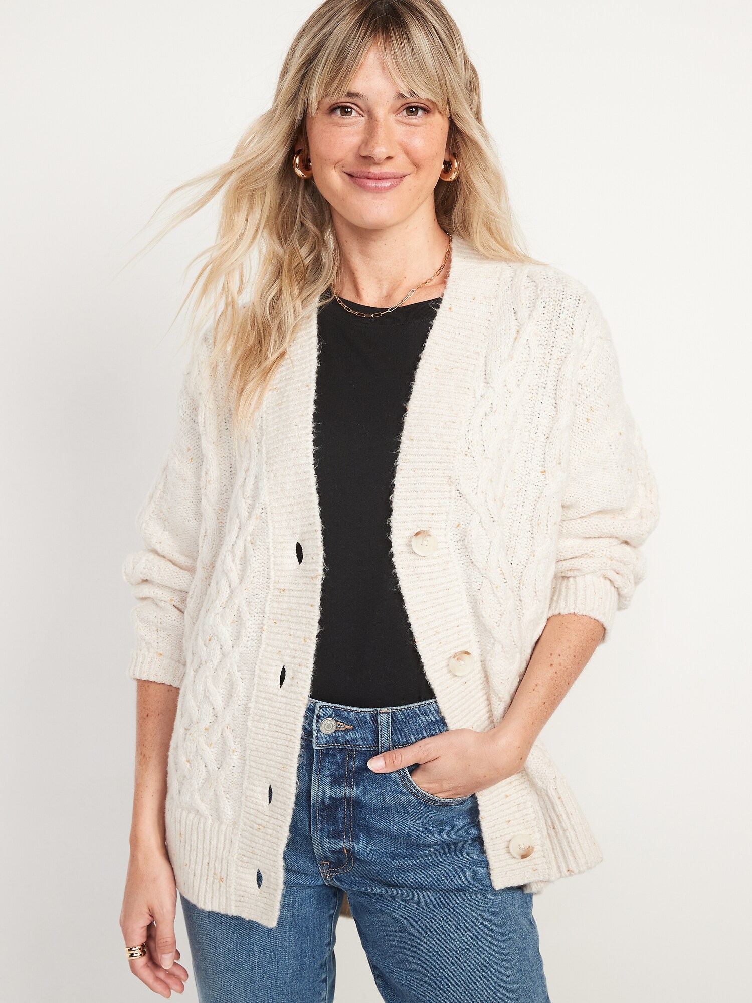 Slouchy Cable-Knit Button-Front Cardigan Sweater | Old Navy