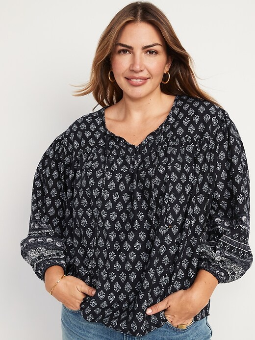 Old Navy Long-Sleeve Smocked Printed Poet Blouse for Women. 1