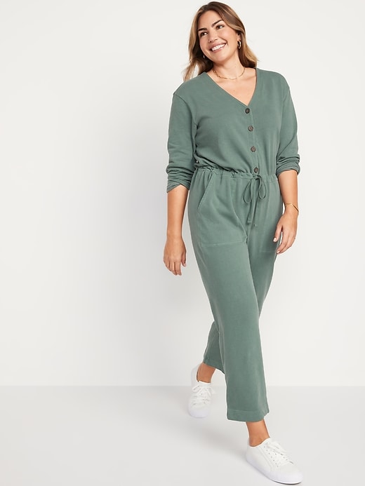 Image number 1 showing, Long-Sleeve Cropped French-Terry Utility Jumpsuit for Women