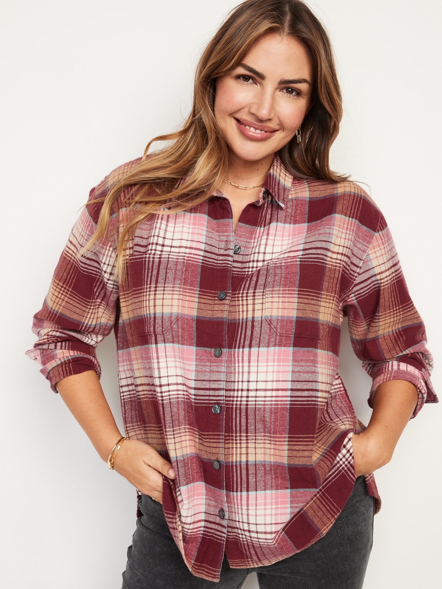 Oversized Plaid Boyfriend Shirt for Women Old Navy photo