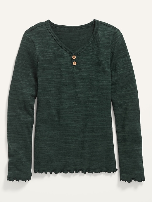 View large product image 1 of 1. Cozy-Knit Long-Sleeve Lettuce-Edge Henley T-Shirt for Girls