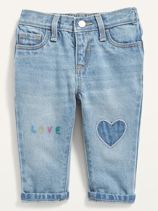 View large product image 1 of 3. Unisex Slouchy Straight Embroidered Heart Jeans for Baby