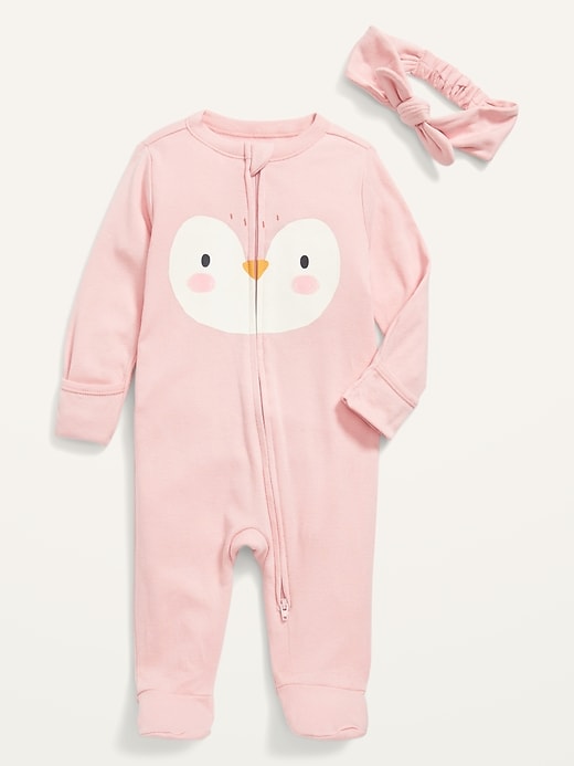 View large product image 1 of 2. Unisex Penguin Sleep & Play Footed One-Piece & Headband Set for Baby